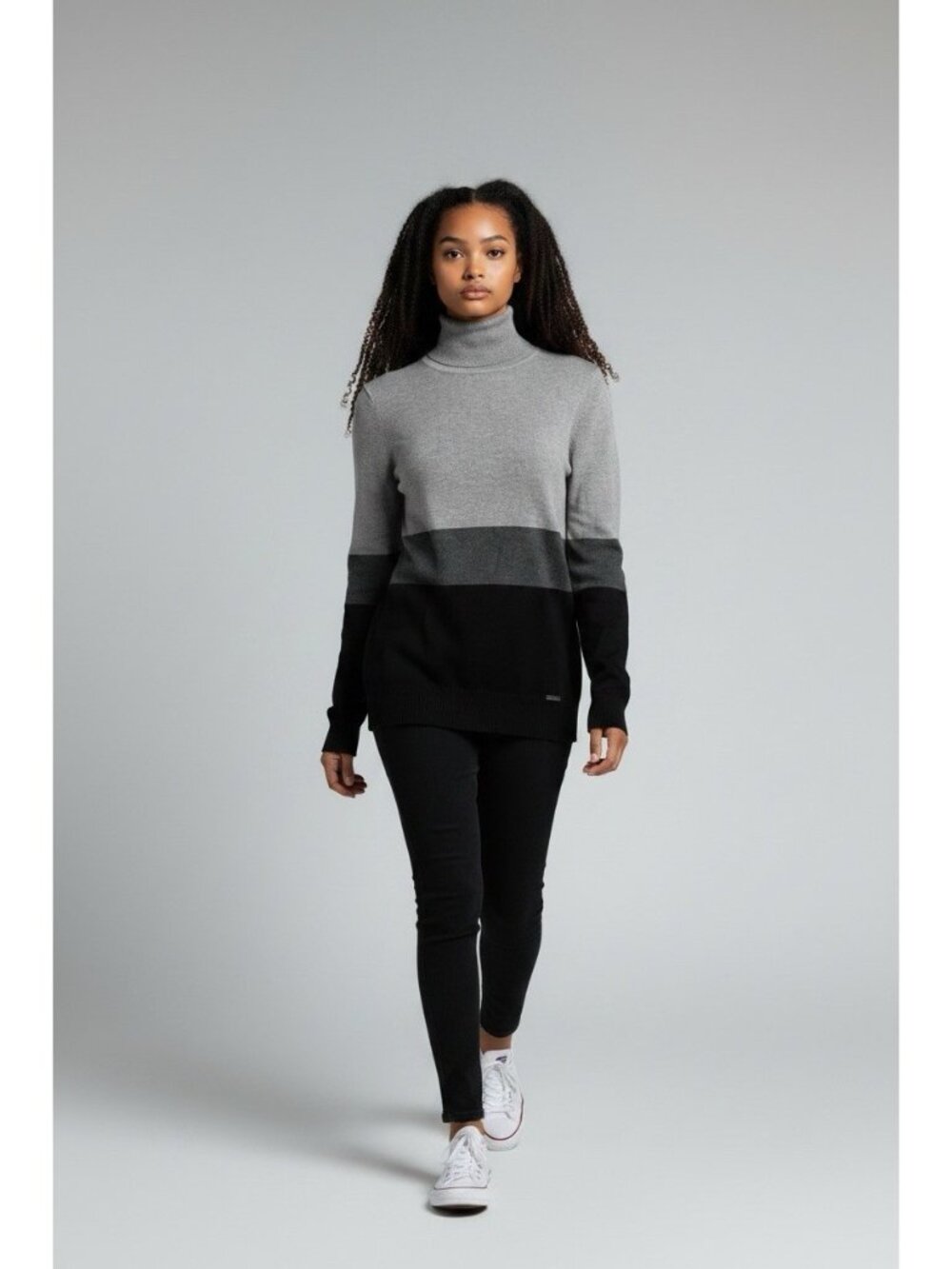 Calvin Klein Womens Long Sleeve Color Block Gray Black Turtle Neck Sweater Sz XS